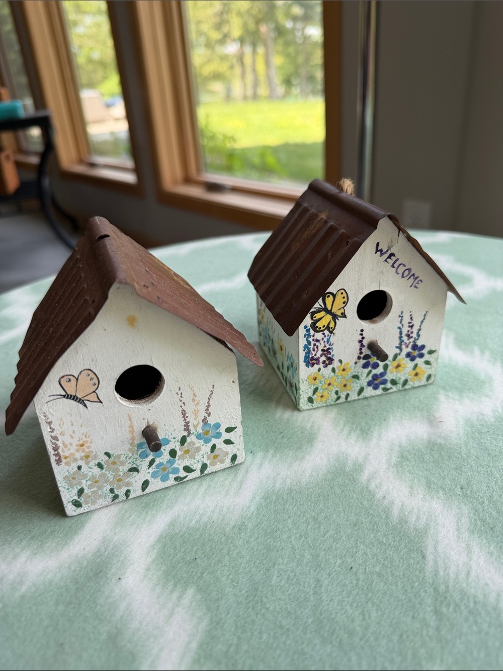 2 Hand-Painted Decorative miniature Birdhouses with Floral Butterflies